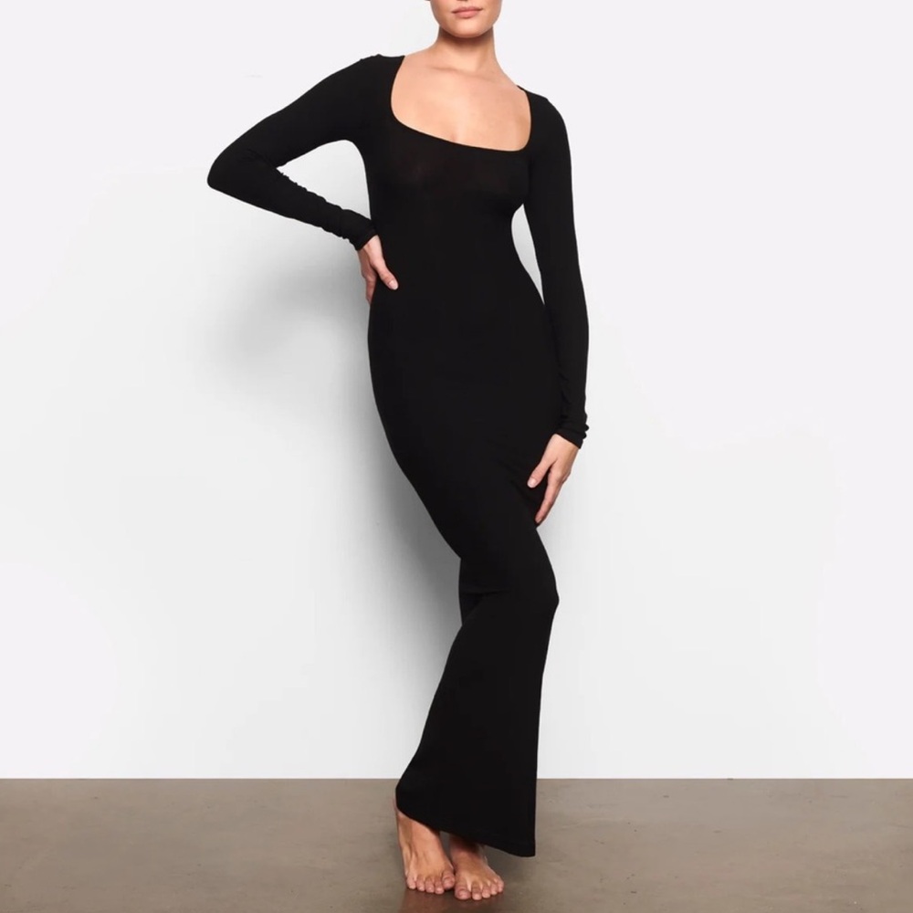 NWT Skims ribbed soft lounge long sleeve dress - onyx black small